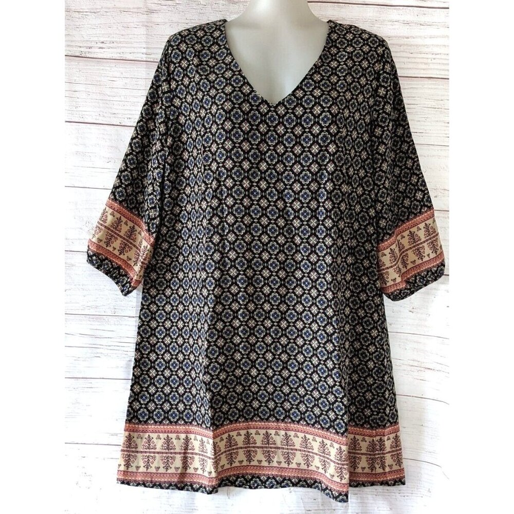 California MoonRise Women Shift Dress Tunic Black Multi Border Size L Canada